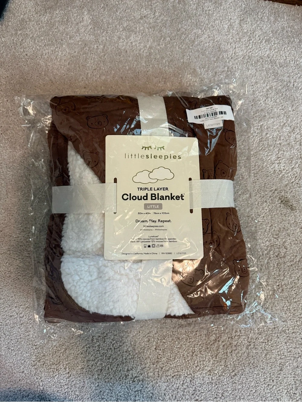 Little Sleepies Brown Bear Cloud Blanket - White Sherpa Lining